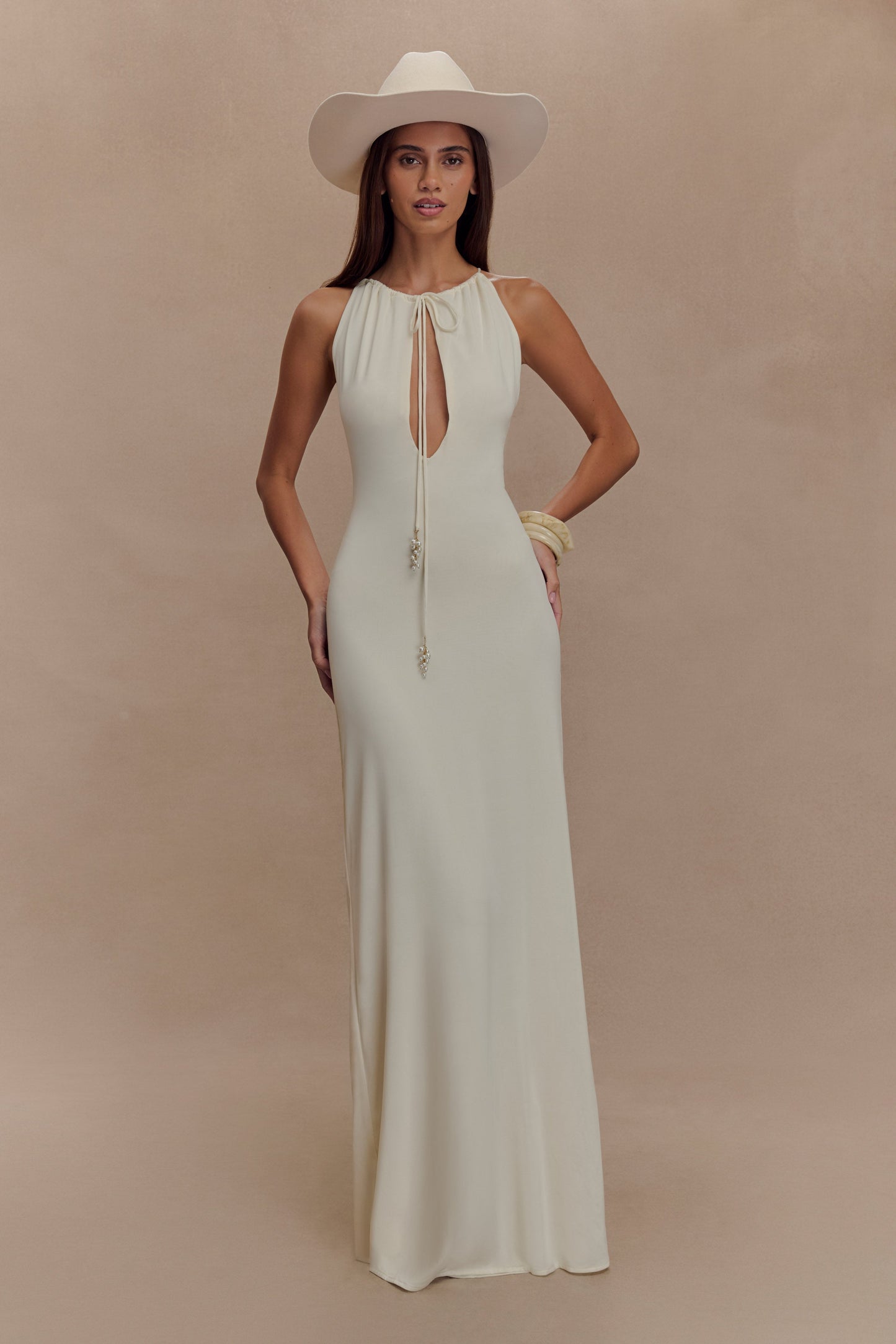 Slinky Maxi Dress With Pearls - Ivory