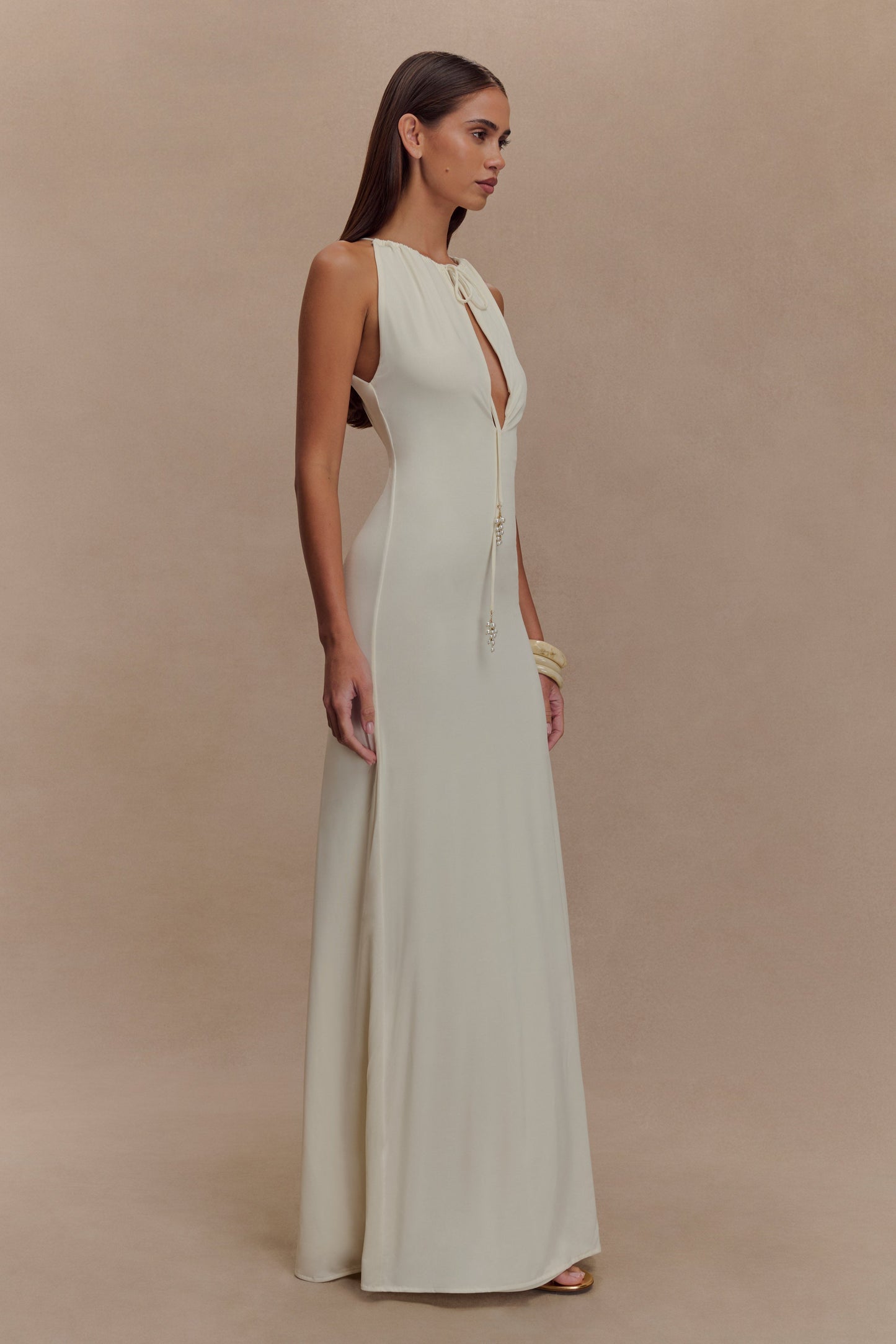 Slinky Maxi Dress With Pearls - Ivory