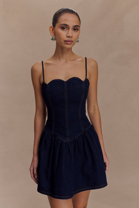 Scallop Denim Mini Dress - Indigo Blue