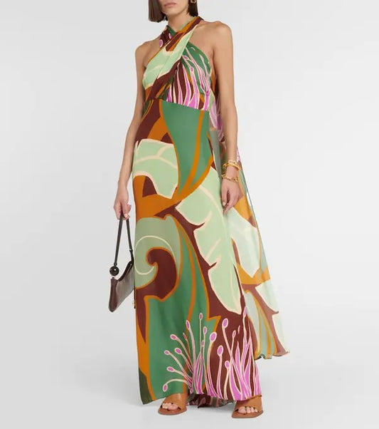 Vintage Printed Sleeveless Long Dress