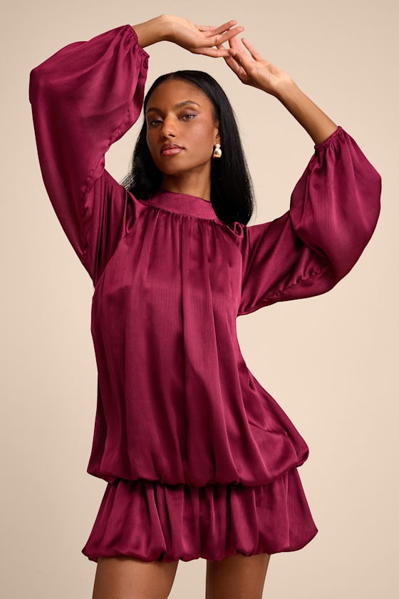 Burgundy Satin Drop Waist Bubble-Hem Mini Dress