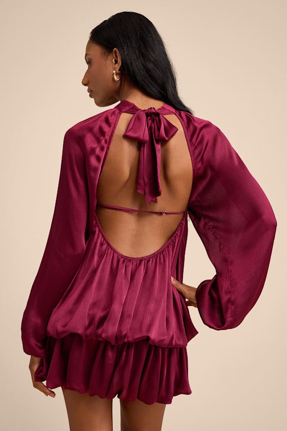 Burgundy Satin Drop Waist Bubble-Hem Mini Dress