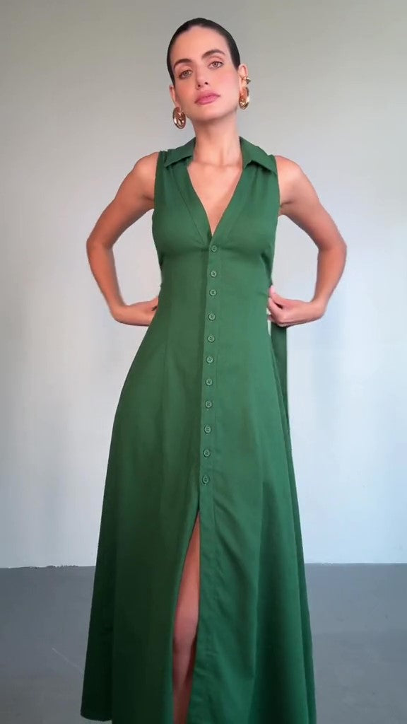 Linen Halter Lapel Maxi Dress