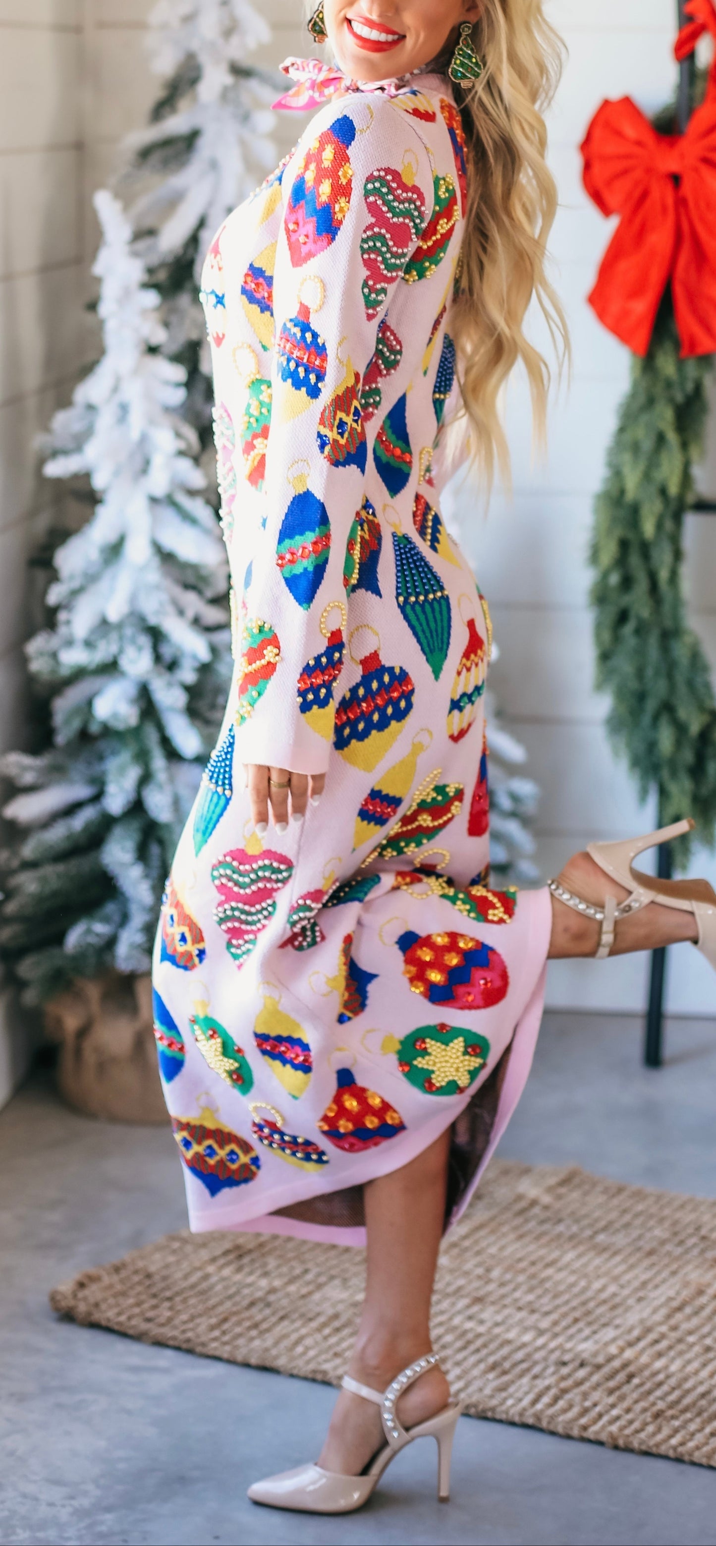 Queen Of Sparkels Multi Jeweled Ornament Knit Midi Dress