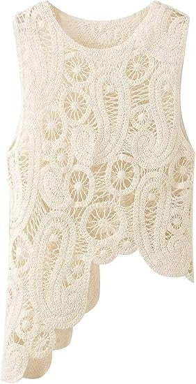 Crew Neck Sleeveless Hollow Out Boho Knit Blouse