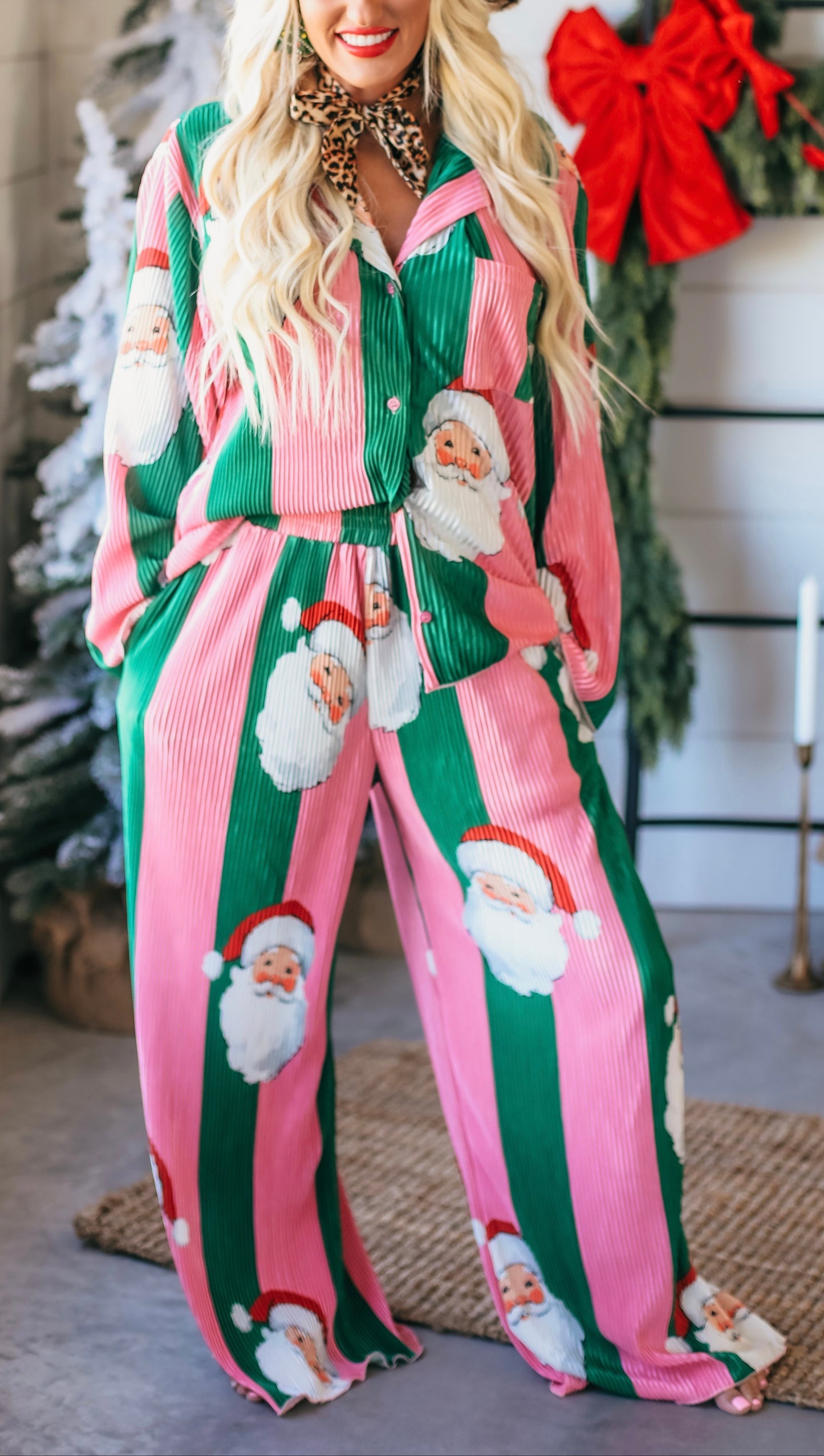 Peach Love Stripe Santa Printed Pajama Pant Set