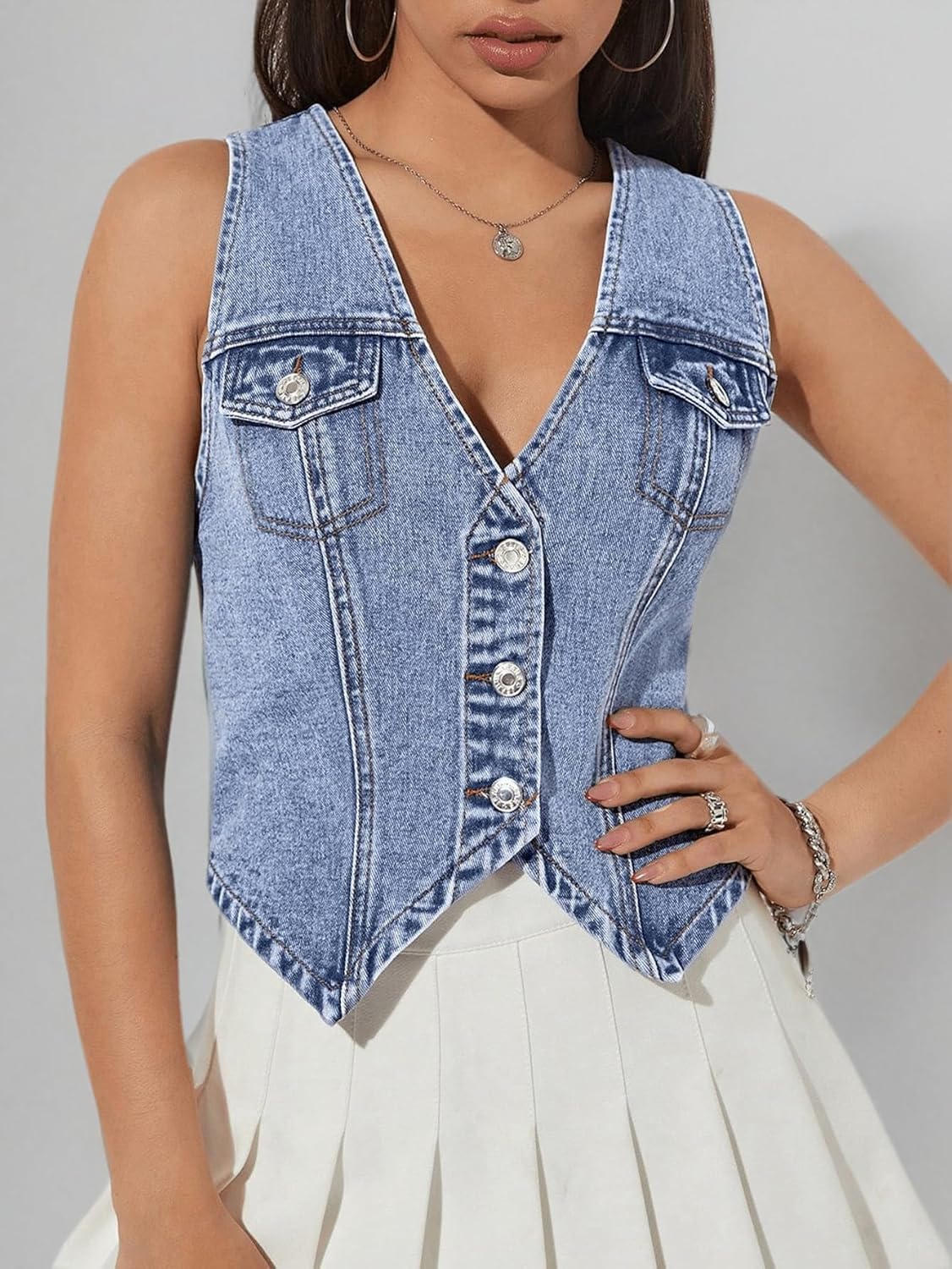 Denim Vest Floral Skirt Set