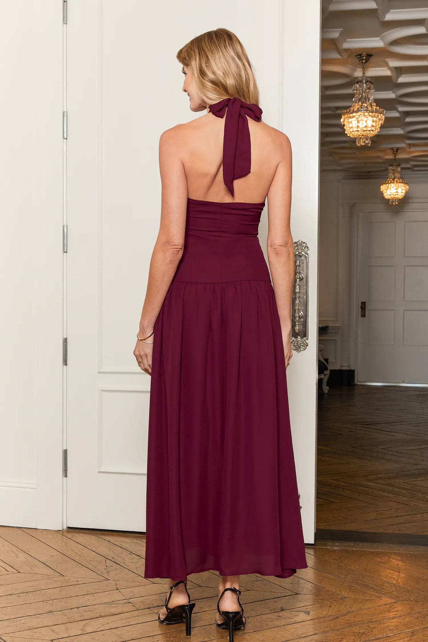 Burgundy Cross-Halter Evening Maxi Dress