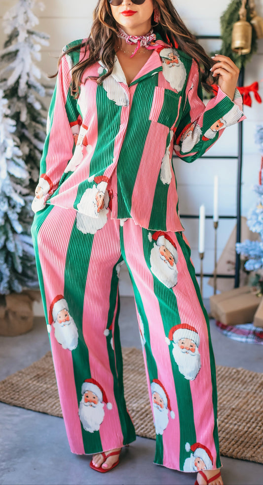 Peach Love Stripe Santa Printed Pajama Pant Set