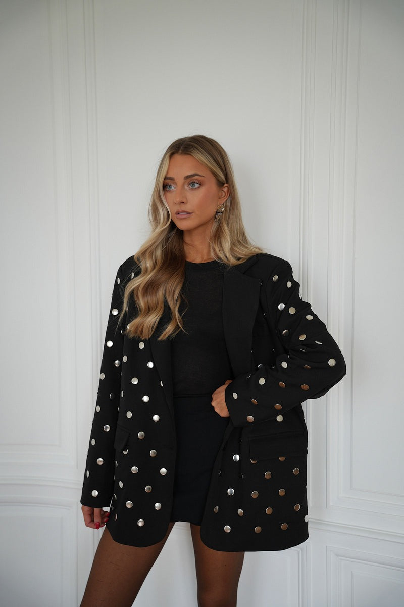 Black Metal-Studded Statement Blazer