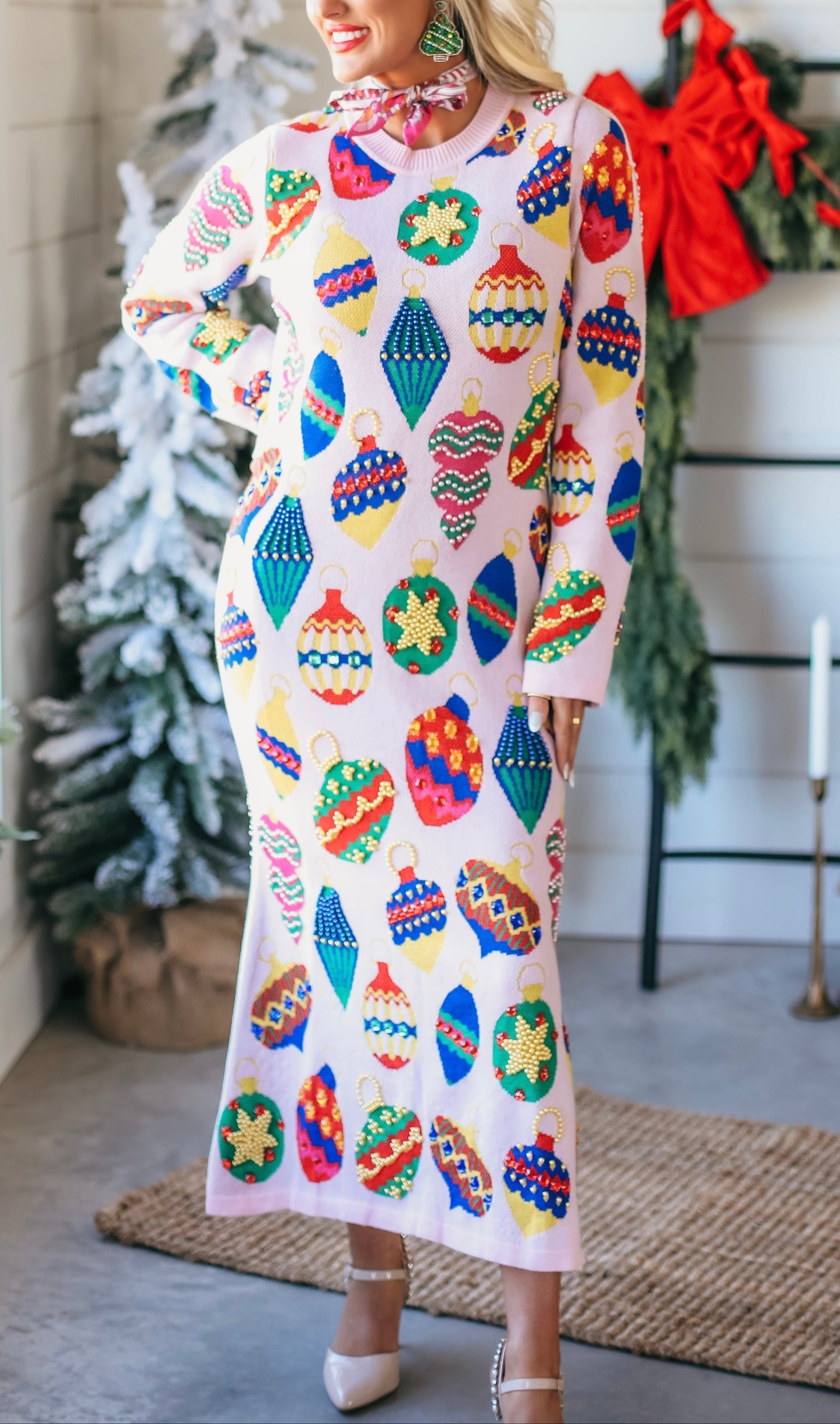 Queen Of Sparkels Multi Jeweled Ornament Knit Midi Dress