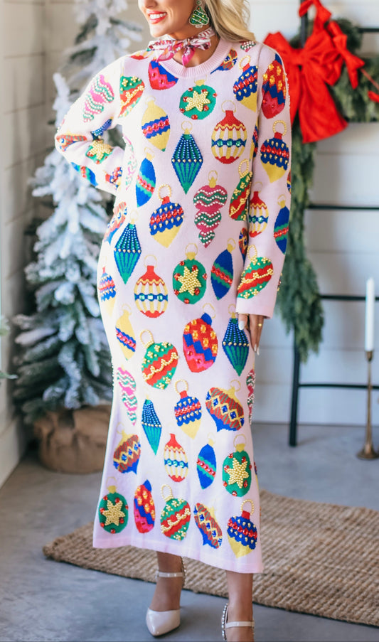 Queen Of Sparkels Multi Jeweled Ornament Knit Midi Dress