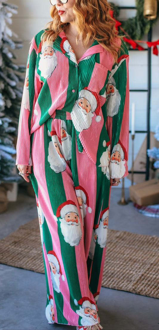 Peach Love Stripe Santa Printed Pajama Pant Set