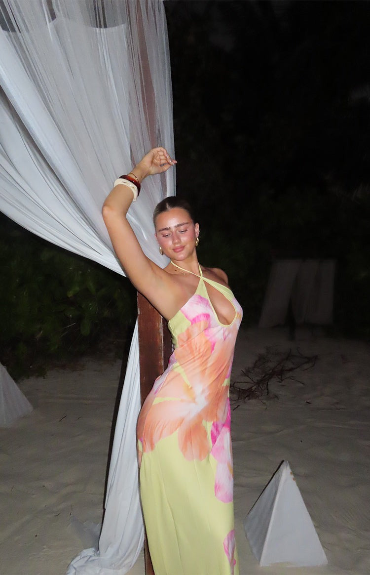 Elowen Yellow Hibiscus Floral Halter Maxi Dress