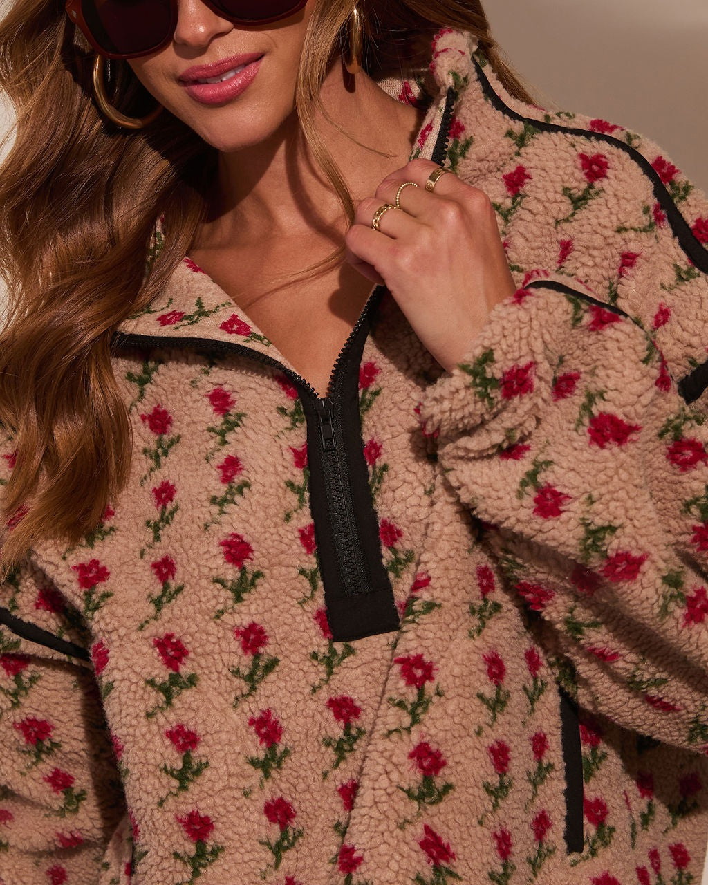 Cozy Rose Print Fleece Pullover