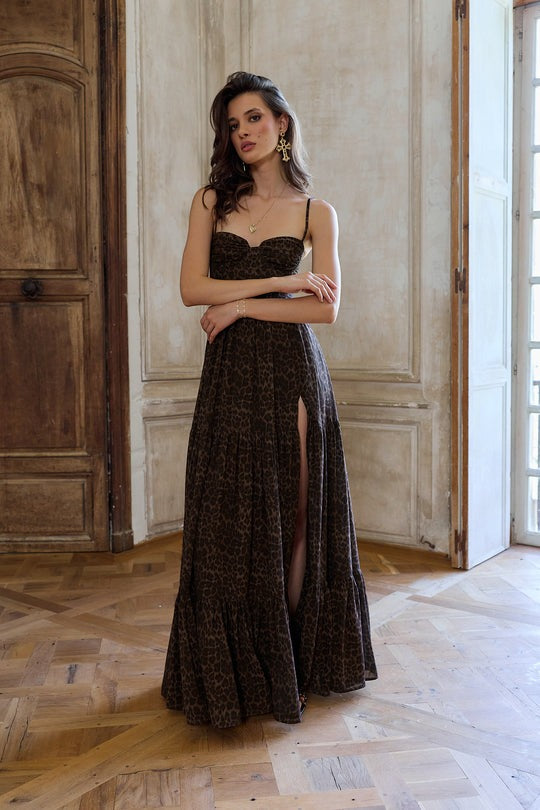Dark Leopard Print Maxi Dress with Slit – Gwen