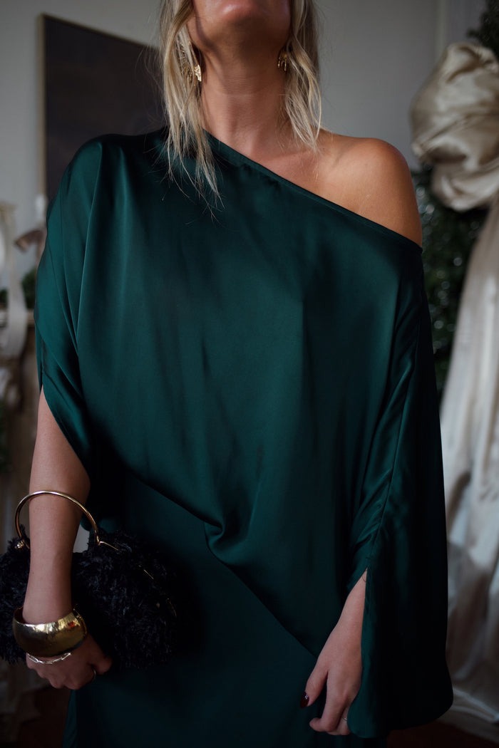 Emerald Satin Draped Off-Shoulder Top & Flowing Maxi Skirt Set