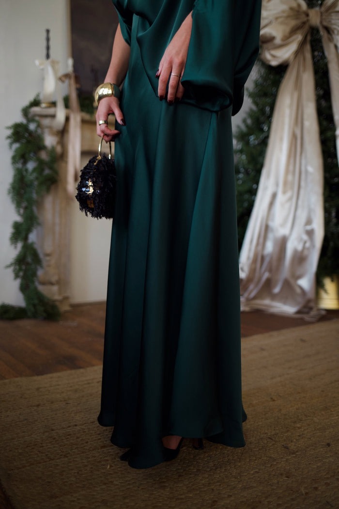 Emerald Satin Draped Off-Shoulder Top & Flowing Maxi Skirt Set
