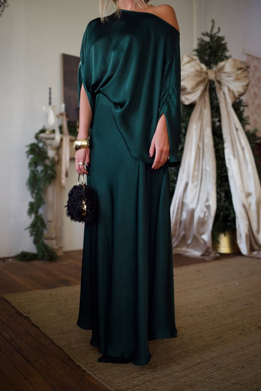 Emerald Satin Draped Off-Shoulder Top & Flowing Maxi Skirt Set
