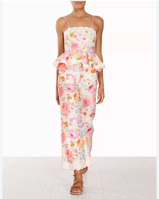 Floral suspenders cropped flared pants suit
