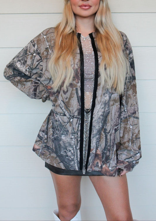 Camo Sequin Trim Oversized Top