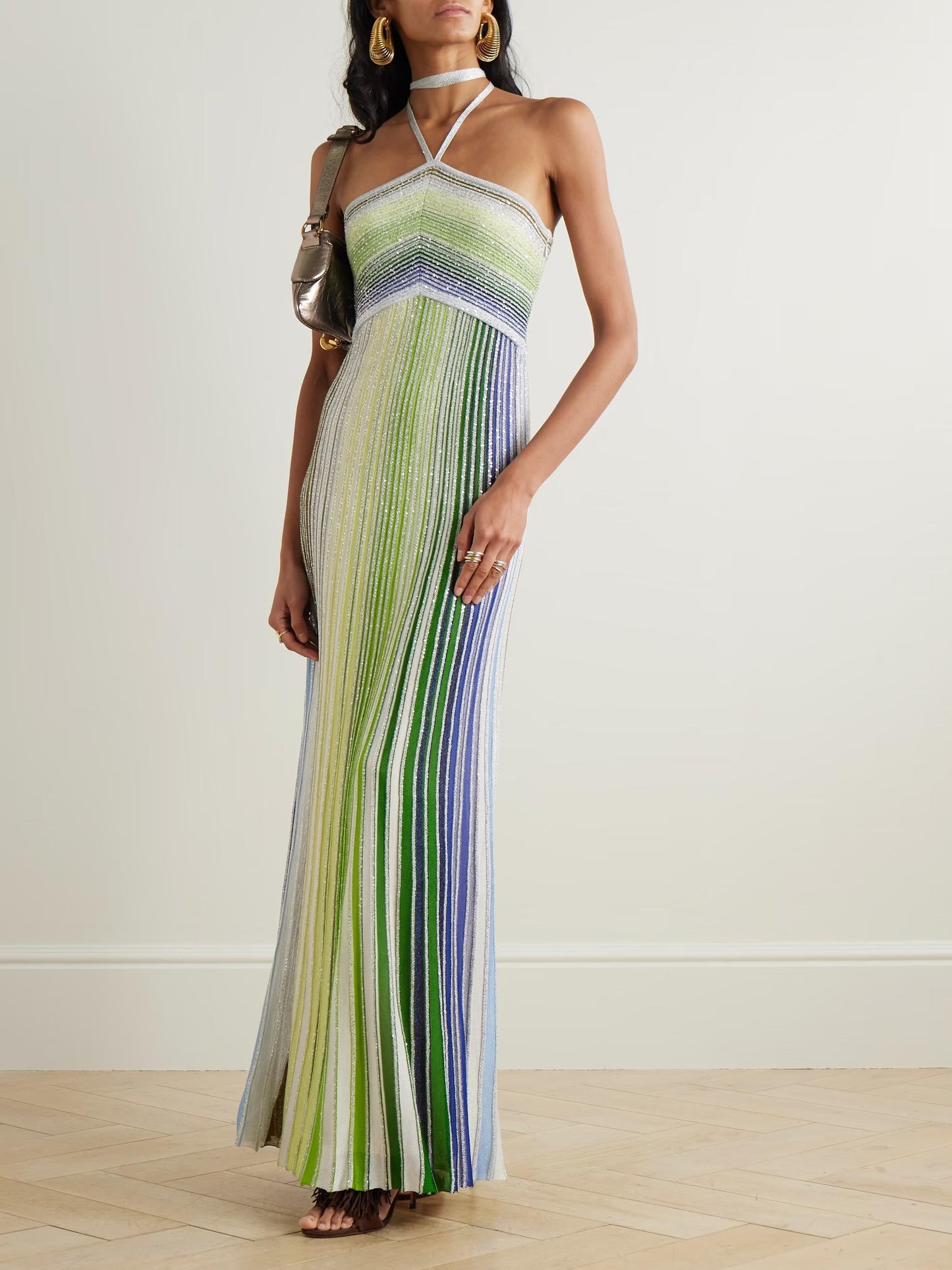 Sequin-Embellished Metallic Crochet-Knit Halterneck Maxi Dress