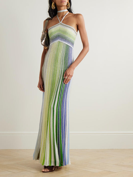 Sequin-Embellished Metallic Crochet-Knit Halterneck Maxi Dress