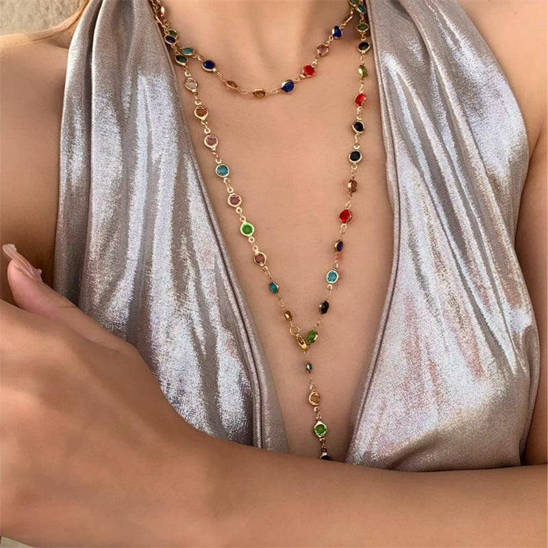 Simple Colorful Crystal Pearl Y-shaped Long Sweater Necklace
