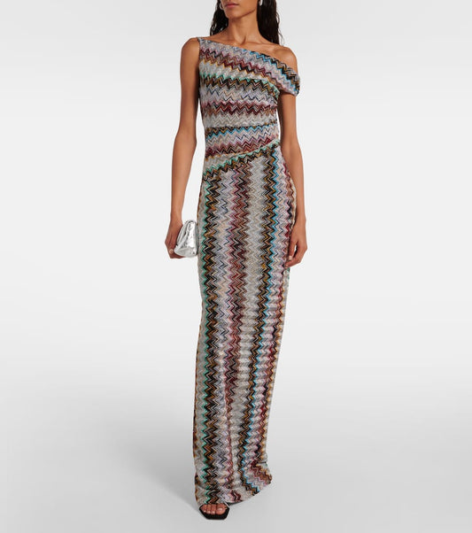 Zigzag Draped Lamé Maxi Dress