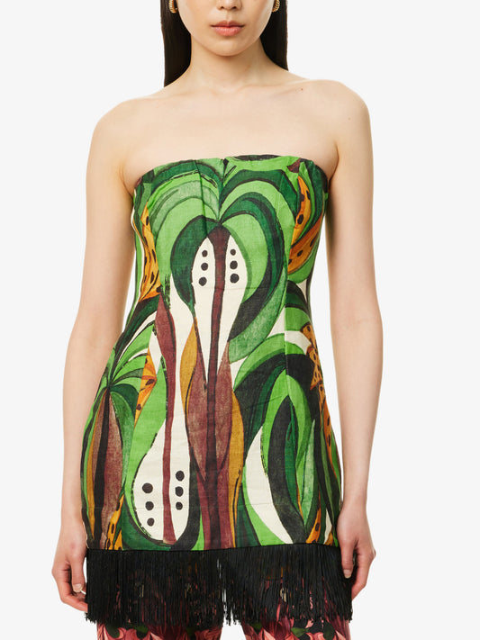 Coconut Tree Flow Strapless Fringed Printed Linen Top In Green
