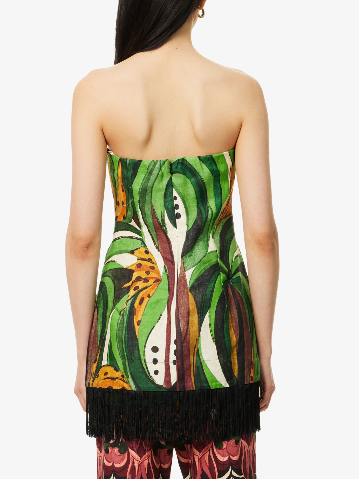 Coconut Tree Flow Strapless Fringed Printed Linen Top In Green