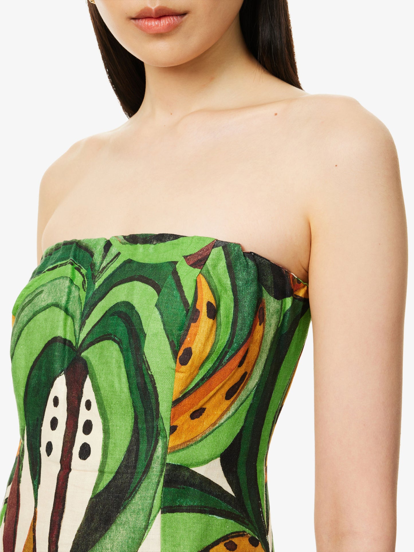 Coconut Tree Flow Strapless Fringed Printed Linen Top In Green