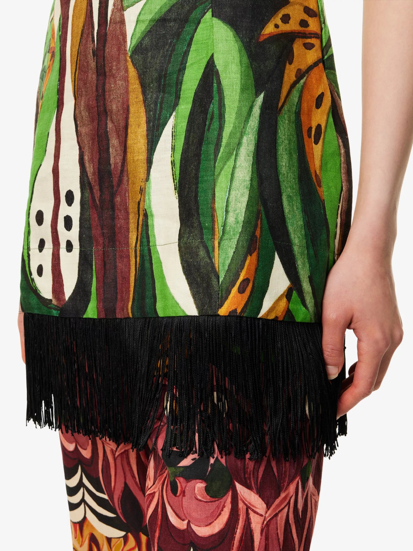 Coconut Tree Flow Strapless Fringed Printed Linen Top In Green