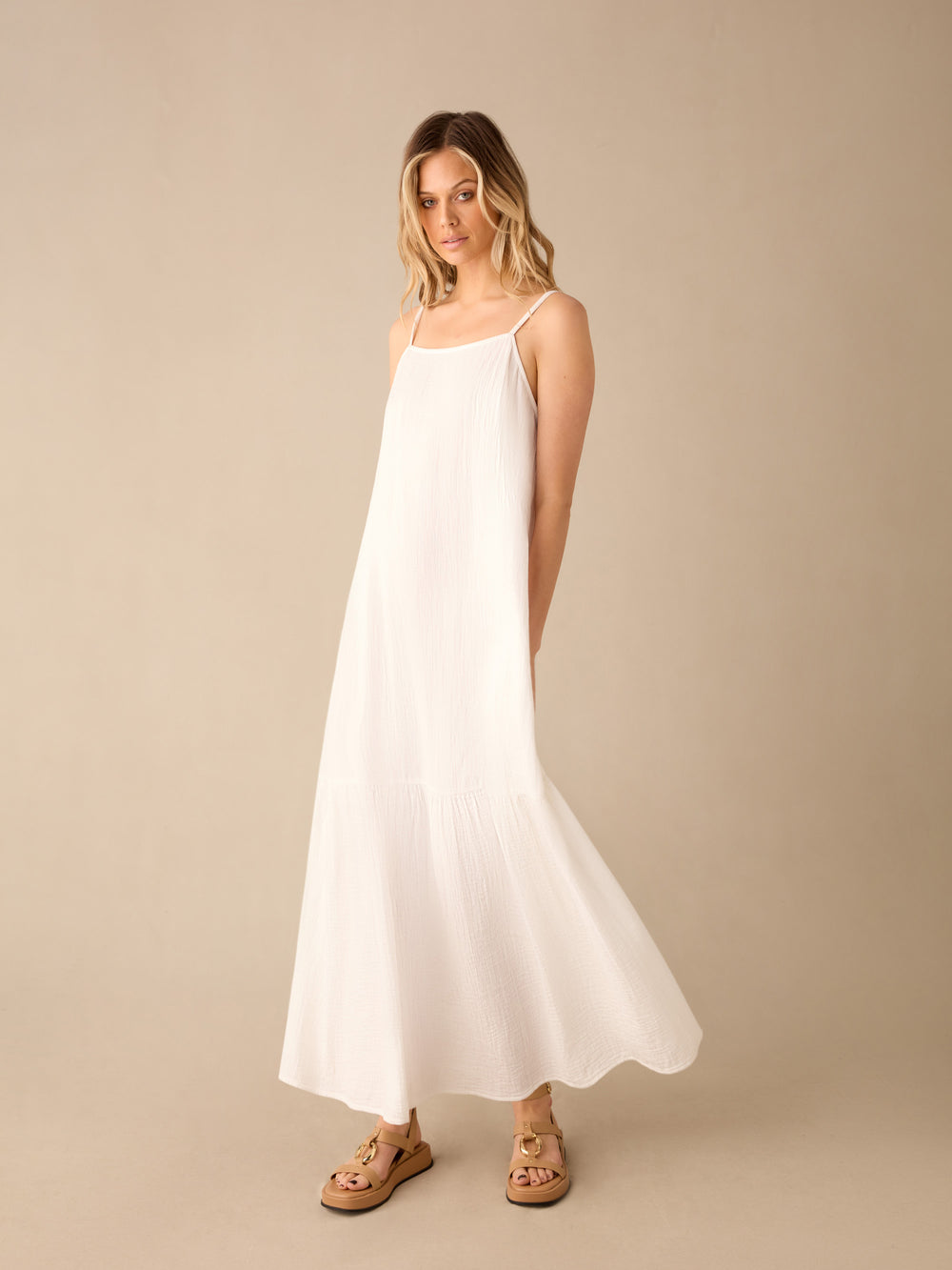 Tiered Hem Strappy Cheesecloth Dress