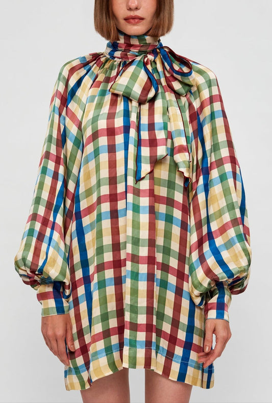 Plaid Bow-Tie Balloon Sleeve Mini Dress