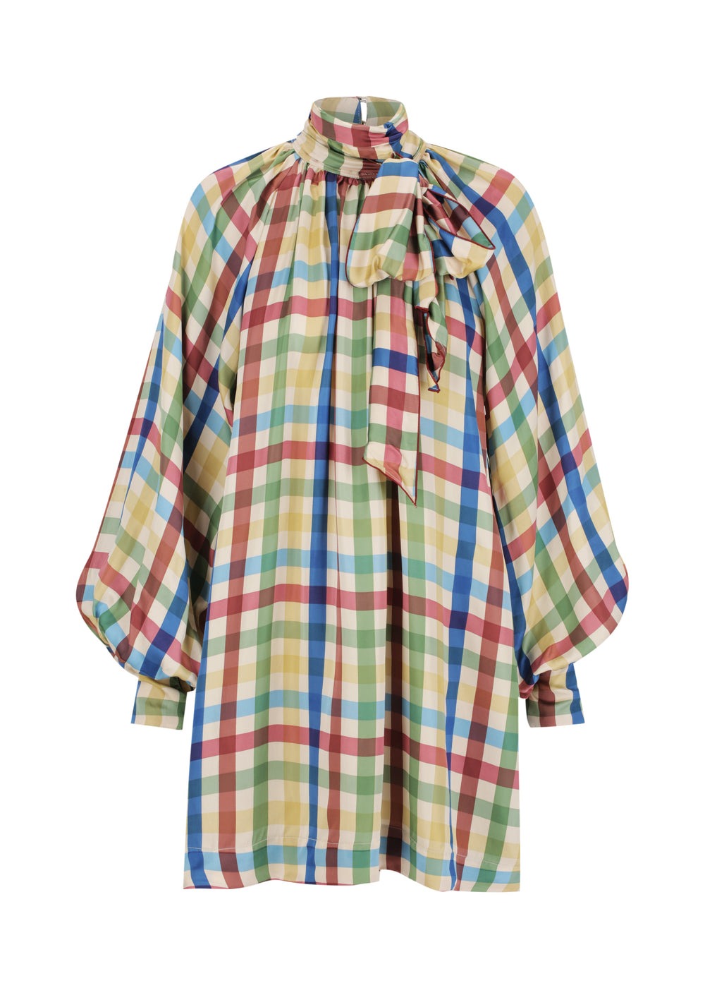 Plaid Bow-Tie Balloon Sleeve Mini Dress