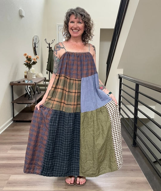 Checked maxi dress with suspenders
