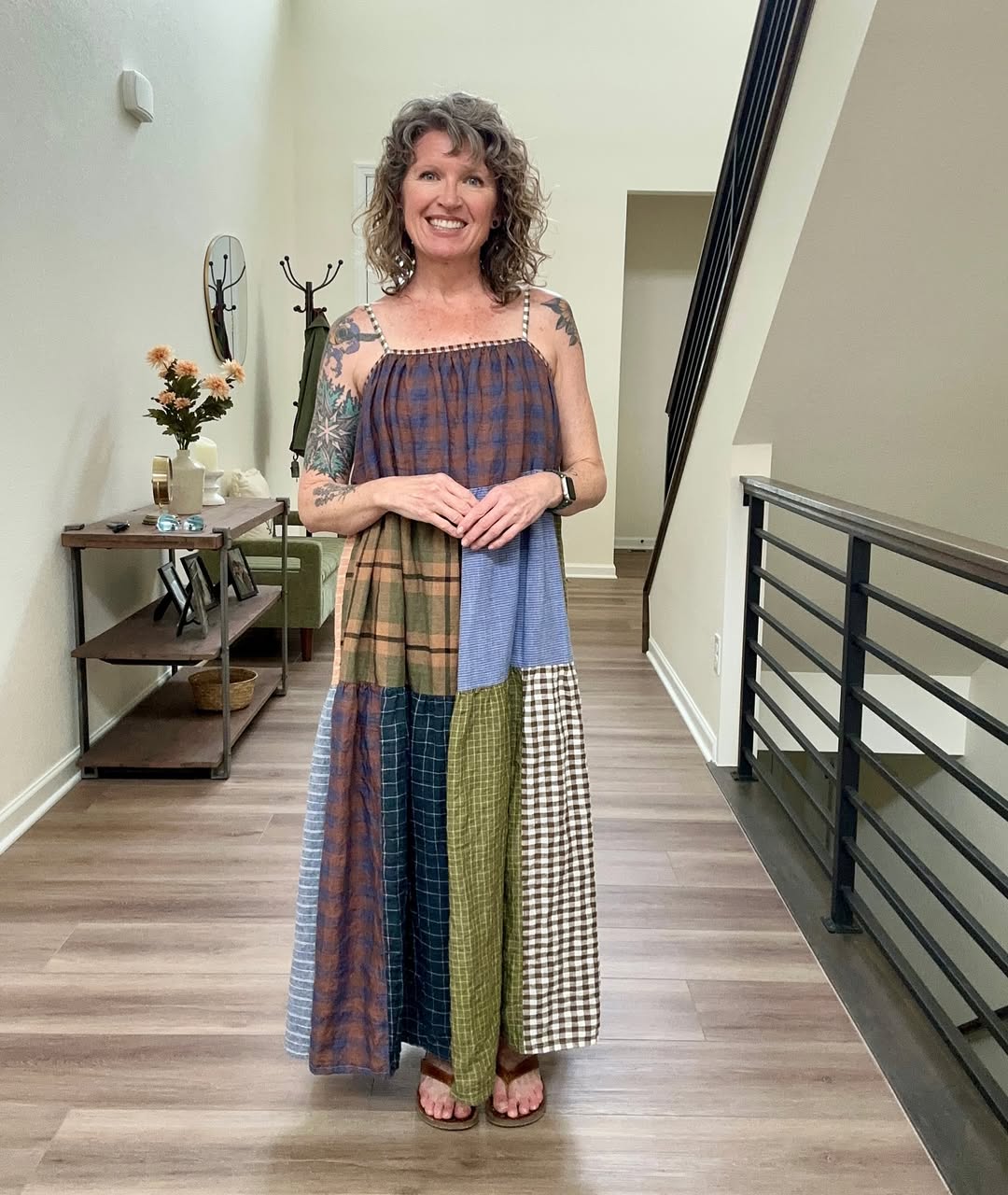 Checked maxi dress with suspenders