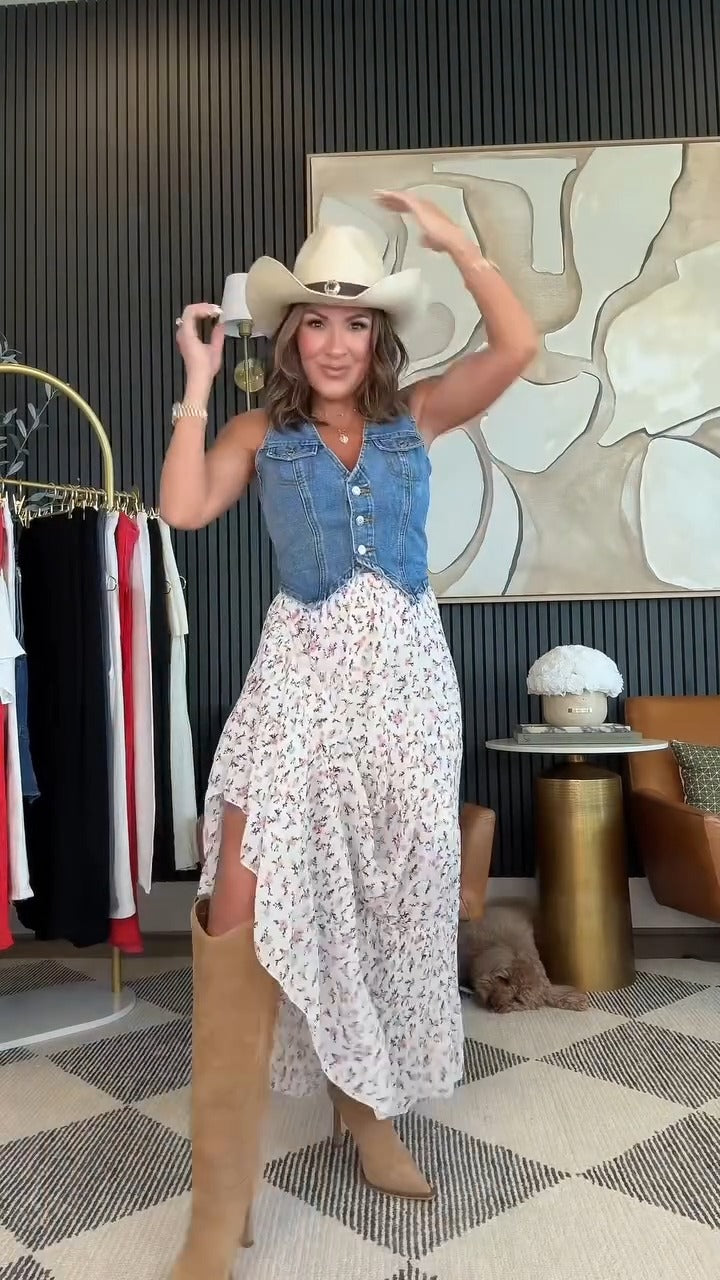 Denim Vest Floral Skirt Set