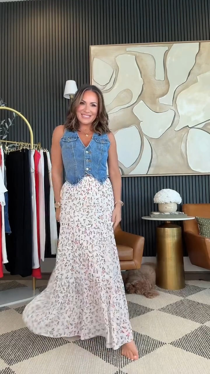Denim Vest Floral Skirt Set