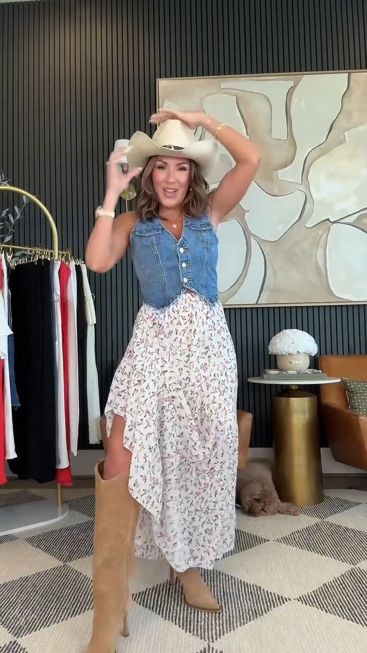 Denim Vest Floral Skirt Set