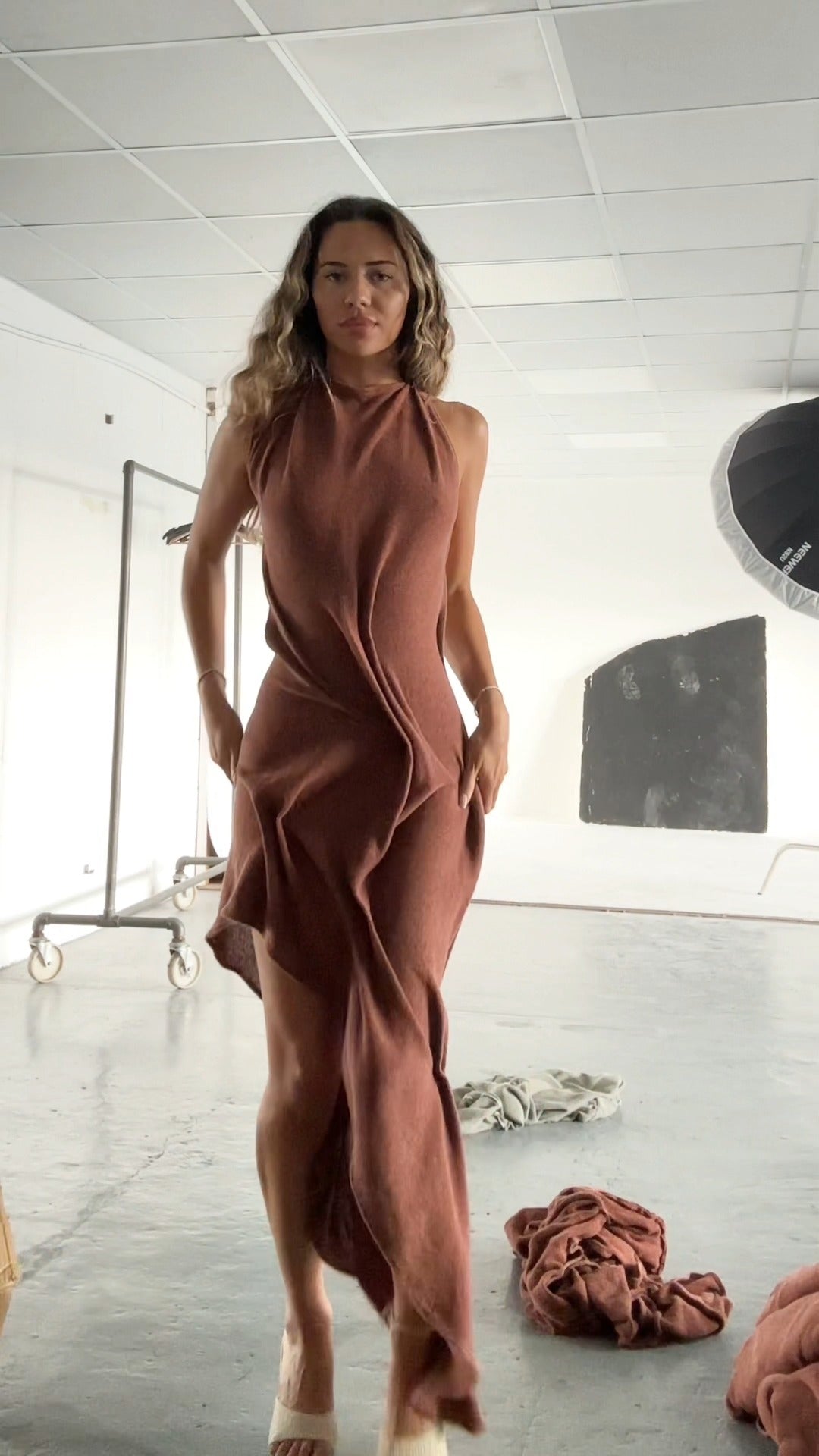 Isla – Asymmetric Ruffle Open Back Dress - Brown