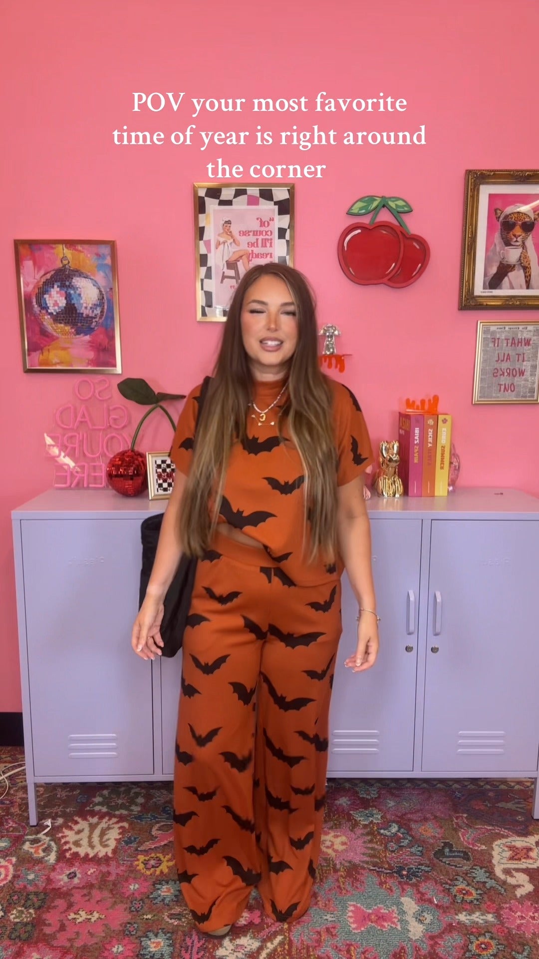 Halloween Bat Print Loungewear Set – Orange 2-Piece Outfit