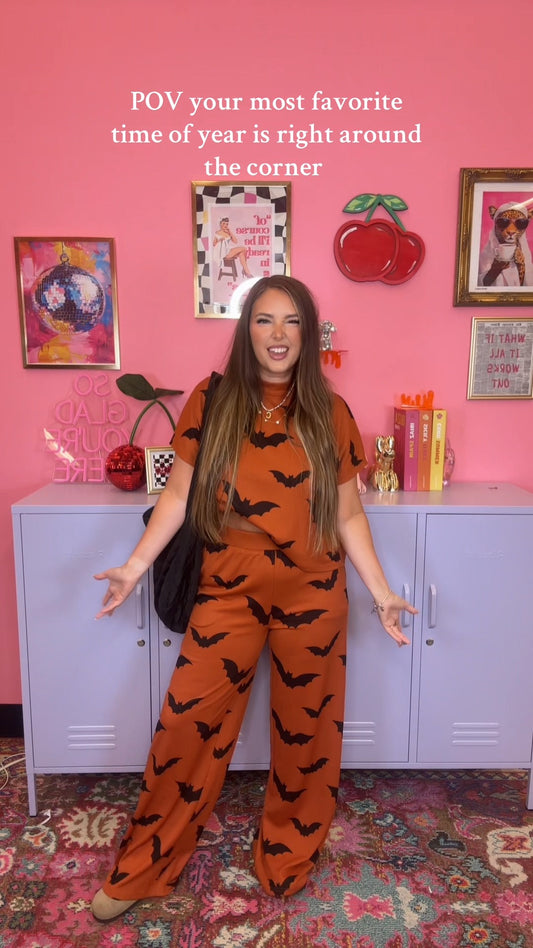 Halloween Bat Print Loungewear Set – Orange 2-Piece Outfit