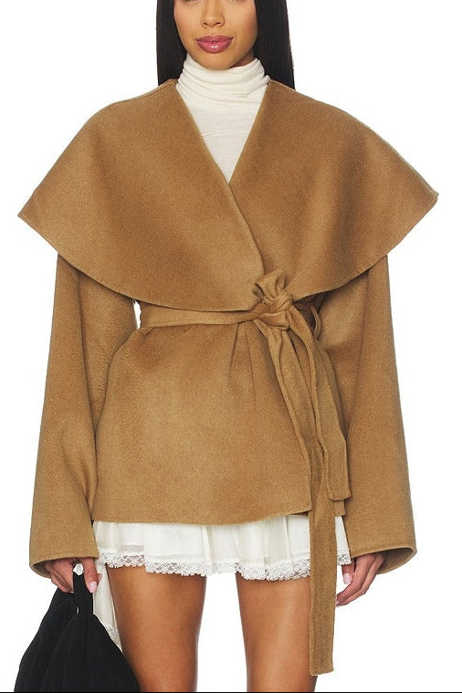Elegant Oversized Lapel Belted Wool Coat