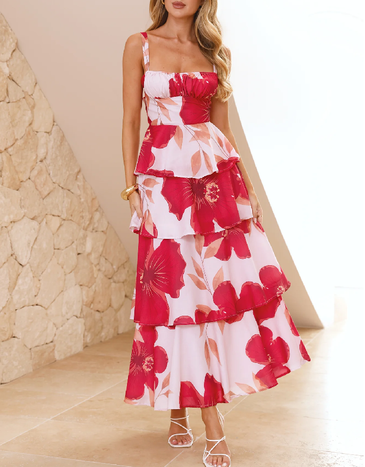 FLOWERING SPLENDOR MAXI DRESS RED