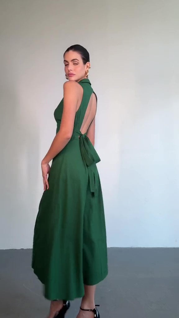Linen Halter Lapel Maxi Dress