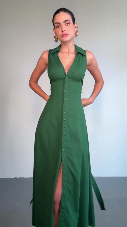 Linen Halter Lapel Maxi Dress