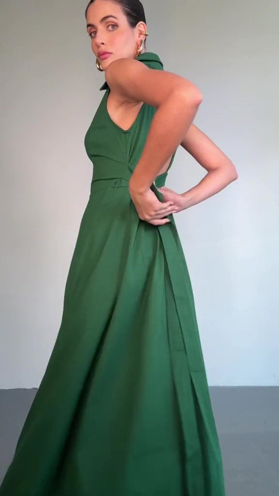 Linen Halter Lapel Maxi Dress