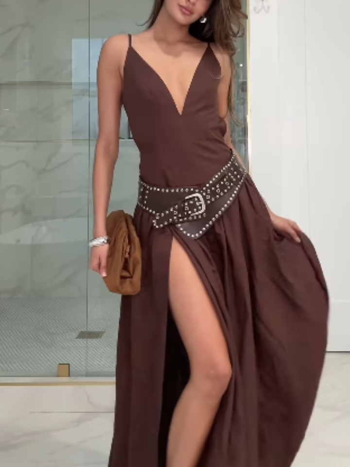 Chocolate Chip Deep V Suspender Dress